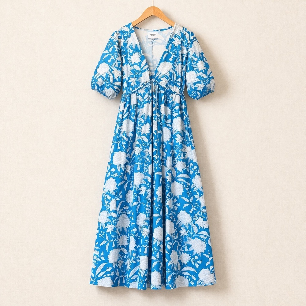 UNSUNG POETRY Cotton Floral Midi Dress Blue White Puff Sleeve Boho M